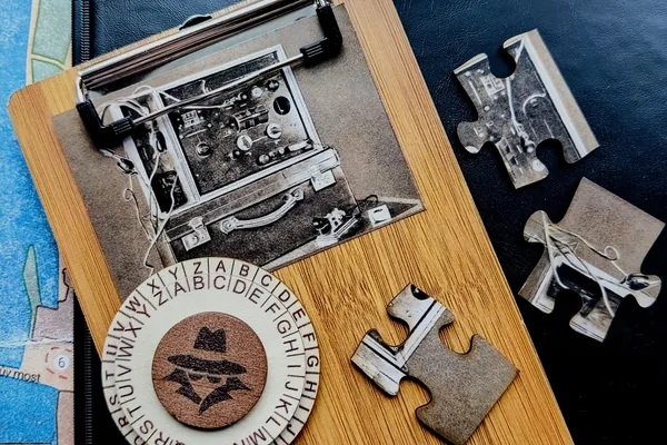 Šifrovací kolo, dobové rádio a dílky puzzle